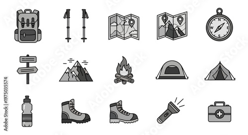Collection of Vintage Hand Drawn Hiking and Camping Equipment Icons.
