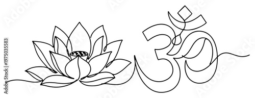 Lotus flower and Om symbol connected by single line in continuous line art style