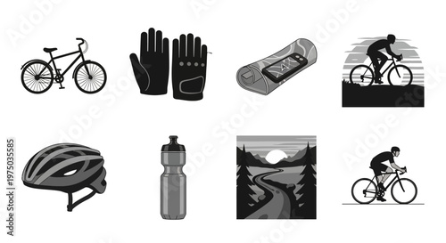 Collection of Eight Monochrome Icons for Cycling and Biking Activities.