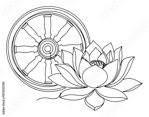 Lotus flower and Buddhist dharma wheel in minimalist continuous line art style