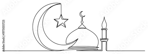 Islamic mosque with dome and crescent moon in minimalist continuous line art style