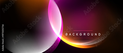 Abstract design features vibrant orange, pink, purple gradients. Smooth curves create dynamic visual effect against dark backdrop. Text reads background.