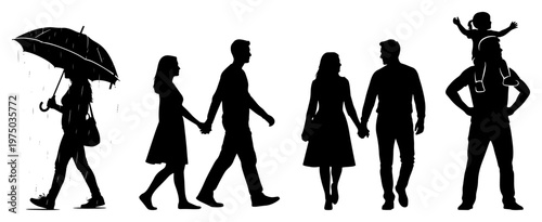 People and couples walking outdoors in black silhouette style