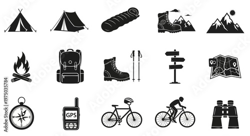 Set of black and white camping and outdoor adventure icons including tents sleeping bags boots and backpacks.