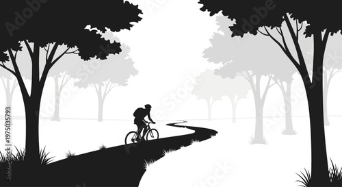Silhouette of a cyclist riding a bicycle on a winding path through a foggy forest.
