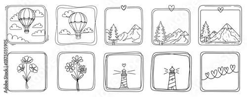 Hot air balloons mountains flowers and lighthouse icons in square frames simple line art style