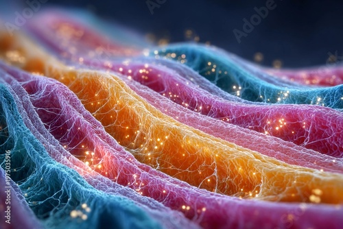 Colorful waves of light and texture flow in a vibrant design filled with particles and intricate patterns in a dark setting