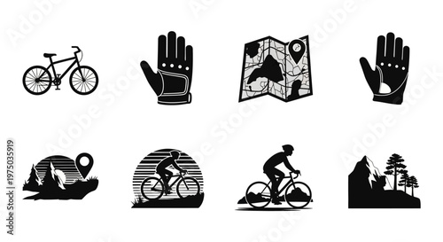 Black bicycle cycling sports icons set.