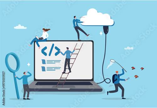 Software development, coding team, programming frontend backend framework, debugging algorithm, testing or deployment concept, young people software engineer working with online cloud compute