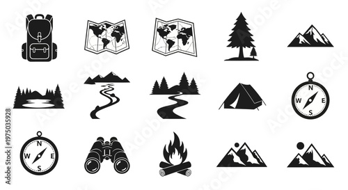 Black icons of camping travel.