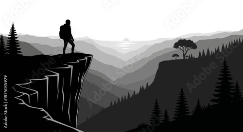 Man standing on mountain cliff edge.