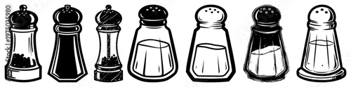 Salt and pepper shaker icons for kitchen and dining in various drawing and silhouette styles