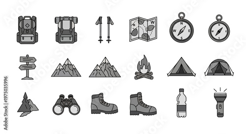 Camping gear and outdoor equipment icons.