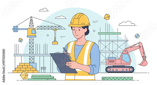 Construction worker with safety gear on site.