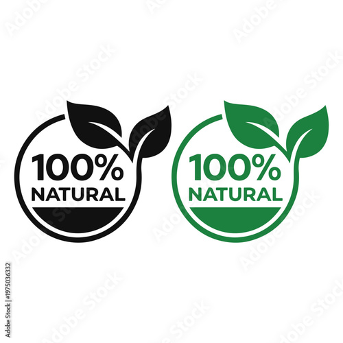 100 Perce Natural Round Stamp Badge Black and Green Vector Eco Symbol Icon