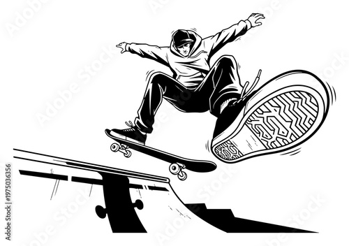 Skateboarder performing mid air jump trick in skatepark in black and white urban graphic style