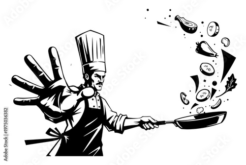 Chef tossing vegetables in frying pan with dynamic movement in black and white detailed graphic style