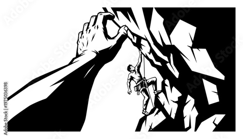 Rock climber ascending steep cliff with hand reaching in foreground graphic style