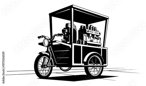 Mobile coffee cart tricycle with espresso machine in bold graphic ink style