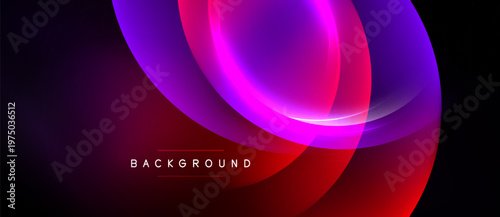 Abstract gradients create dynamic curves, vibrant colors. Dark background emphasizes glowing shapes, modern design element.
