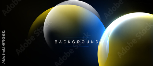 Abstract design features overlapping glowing circles. Colors blendyellow, blue, whiteagainst dark backdrop. Modern, simple composition.