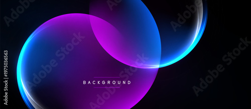 Abstract design features overlapping glowing circles. Purple, blue hues dominate dark background. Text reads BACKGROUND. Modern, dynamic composition.