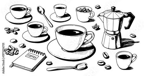 Coffee set with espresso cups moka pot beans and notebook in high contrast sketch style