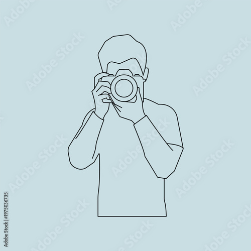 Minimalist line art illustration of a photographer holding a camera and taking a photo on a light blue background