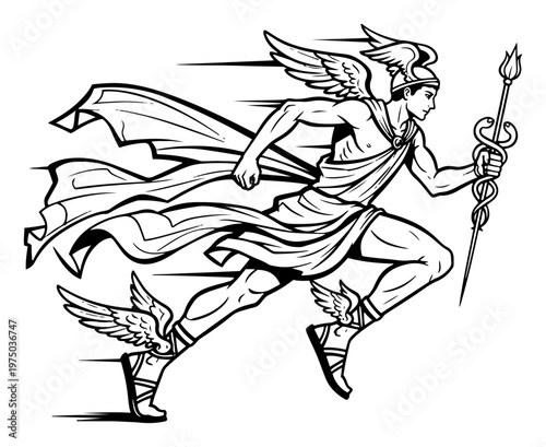 Mercury Greek god Hermes running with winged sandals and caduceus staff in black and white line art style