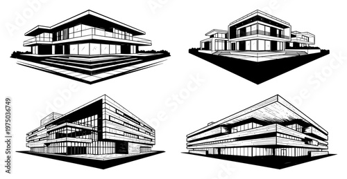 Modern luxury house architectural renderings showing multiple perspective views in black and white graphic style