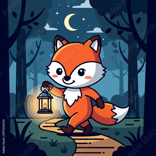 A cartoon fox holds a lantern in a forest at night.