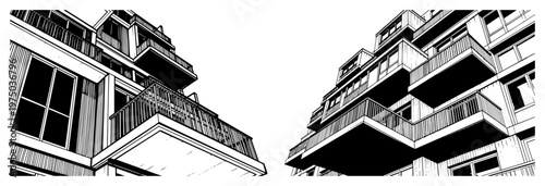 Modern apartment building balconies viewed from below in high contrast black and white architectural style
