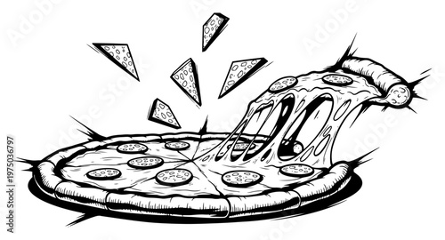 Pizza with melting cheese pull and flying pepperoni slices in dynamic ink style