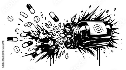 Medicine bottle exploding with pills and capsules flying out in bold graphic ink style