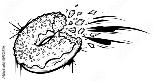 Glazed donut with sprinkles shattering and exploding in dynamic black and white illustrative style