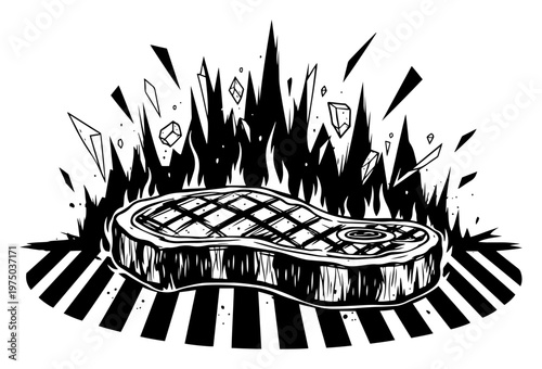 Grilled beef steak on barbecue grill with rising flames in bold black and white illustrative style