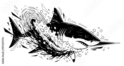 Great white shark jumping through ocean waves with water splash in dynamic black and white illustrative style