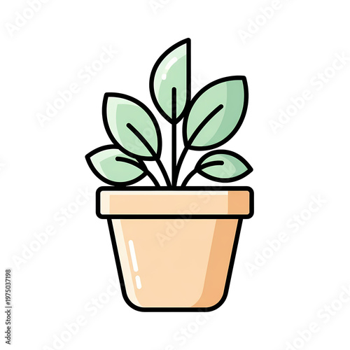 A stylized cartoon illustration of a potted plant with green leaves, set against a transparent background, perfect for use in various digital designs and projects.