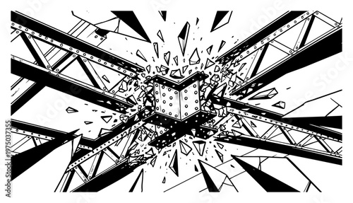 Steel beams structural elements breaking and exploding at a junction in high contrast graphic style