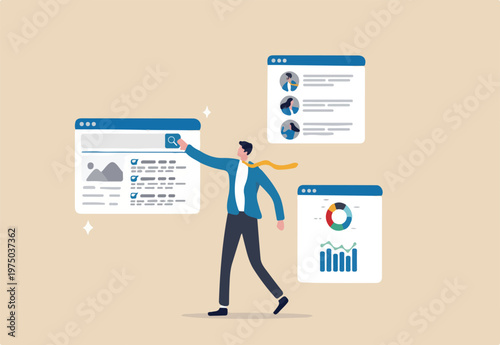 Self service, software or application to help user get result themself, online help or assistance, resource management or electronic automated report concept, businessman using self service