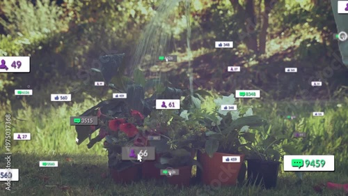 Water stream starting floating badges, gardener watering plants, counts multiplying to show reach