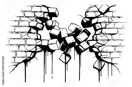Brick wall breaking and shattering into pieces with impact effect in high contrast graphic style