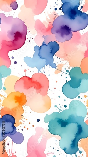 A vibrant, colorful digital watercolor composition on a white background, featuring abstract blobs and splatters. A painterly effect