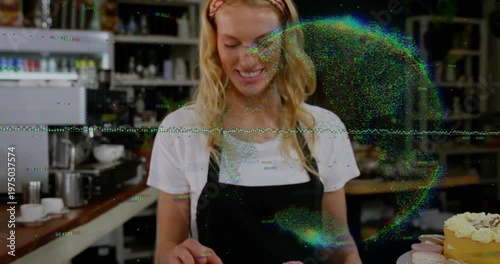 Arranging barista in apron responding to first shot adjusting cupcakes cake at counter for display