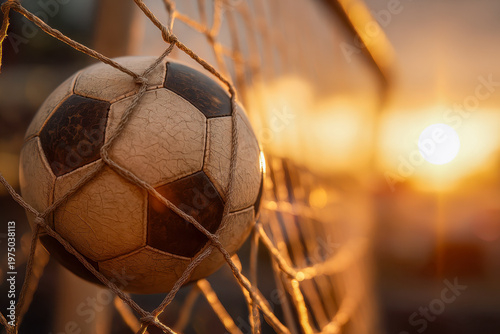 Worn vintage soccer ball captured in net during golden hour with a warm glowing sunset and blurred urban background creating a nostalgic sports atmosphere