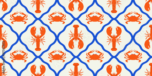 Vintage lobster seamless pattern. Italian sea food background illustration in hand drawn style. Retro mediterranean beach surface print design, summer vacation texture.