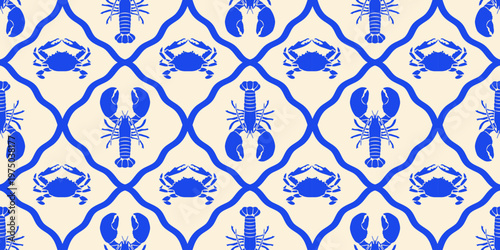 Vintage lobster seamless pattern. Italian sea food background illustration in hand drawn style. Retro mediterranean beach surface print design, summer vacation texture.