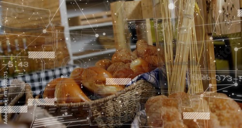 Camera moving closer, HUD overlay floating, bakery basket buns and wheat stalks filling for display