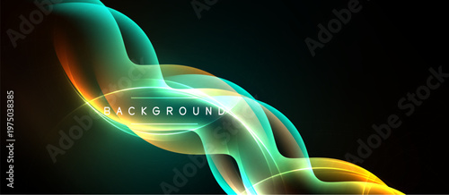 Abstract flowing shapes, vibrant colors, dark background. Dynamic composition creates modern visual effect. Smooth gradients, elegant design.