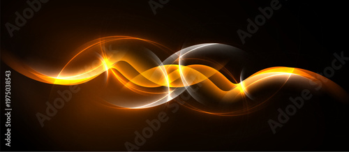 Bright orange waves flow across black background. Light creates dynamic, abstract form. Smooth curves suggest energy, motion.